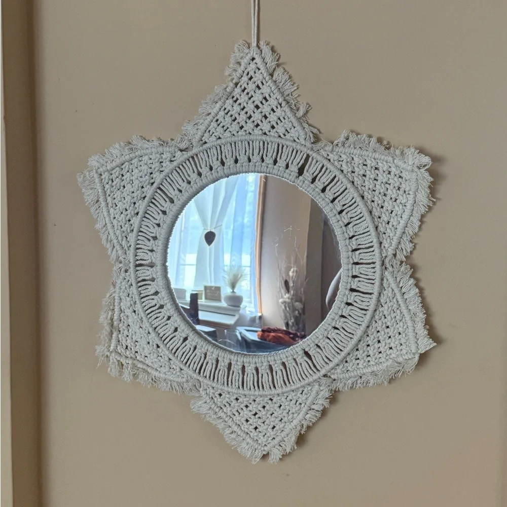 EUC Boho Star Macrame Wall Mirror in Cream